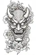 Make a wabori style, half hannya mask, half satan mask with lotuses, dragons around it for an arm sleeve tattoo, colorfu tattoo design idea