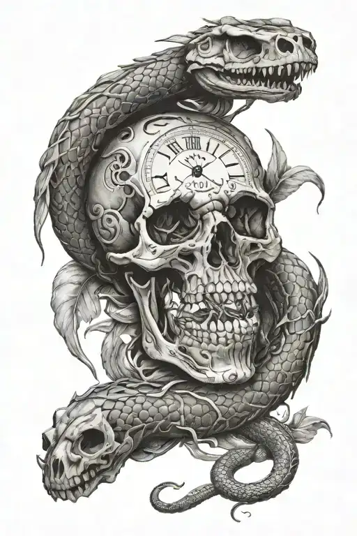 snake wrapped , skull, clock tattoo design idea