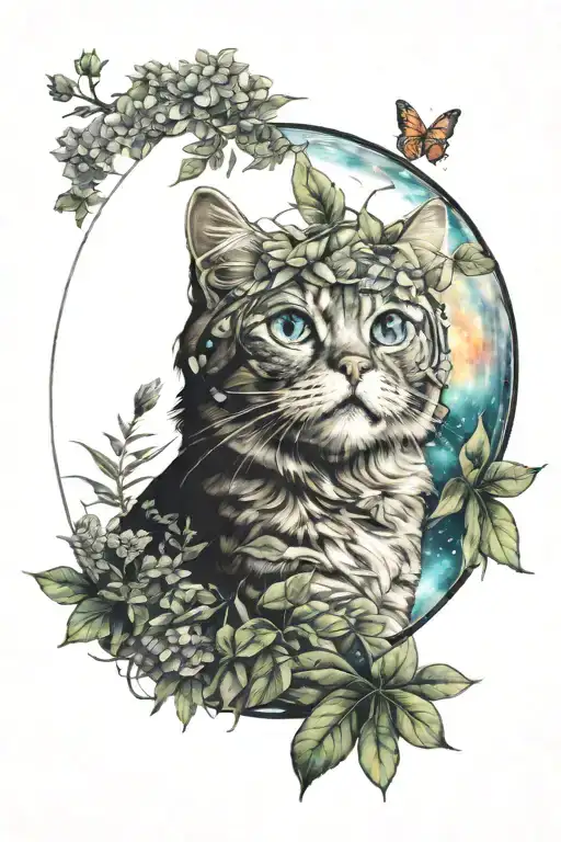 cat, space, plants, space surrounded tattoo design idea