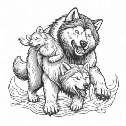Alaskan malamute fighting a grizzly bear tattoo design idea