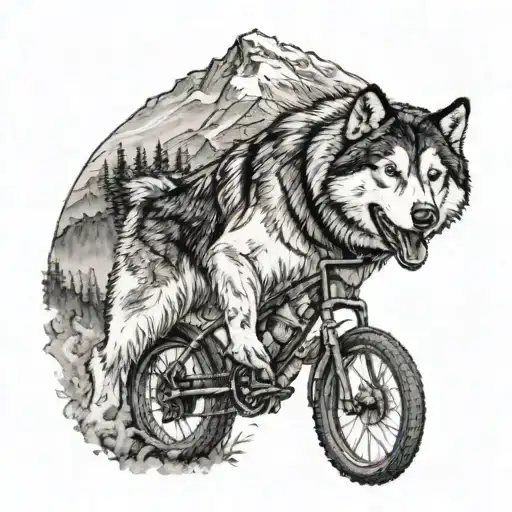 Alaskan malamute riding a mountain bike tattoo design idea