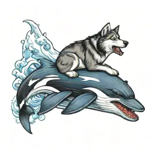 Alaskan malamute riding an orca whale tattoo design idea