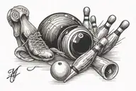 bowling ball and pins, signe de l'infini ecriture "ma therapie" tattoo design idea