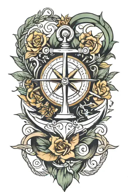 a selucid anchor on top of a compass with a laurel wreathe wrapped around the compass  tattoo design idea
