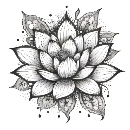 Lotus flower blooming under a radiant sun, with intricate dotwork details tattoo design idea