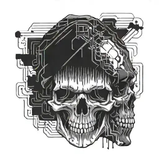 Combine a skull wearing a hacker hoodie with glitch effects and code snippets for a unique tattoo design tattoo design idea