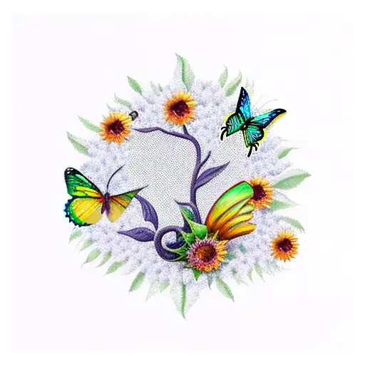butterfly,  Sunflower vine, music notes  tattoo design idea