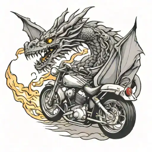 A black-grey tattoo of a dragon breathing fire onto a motorcycle, representing the passion and intensity of your love for both motorcycles and your wife tattoo design idea