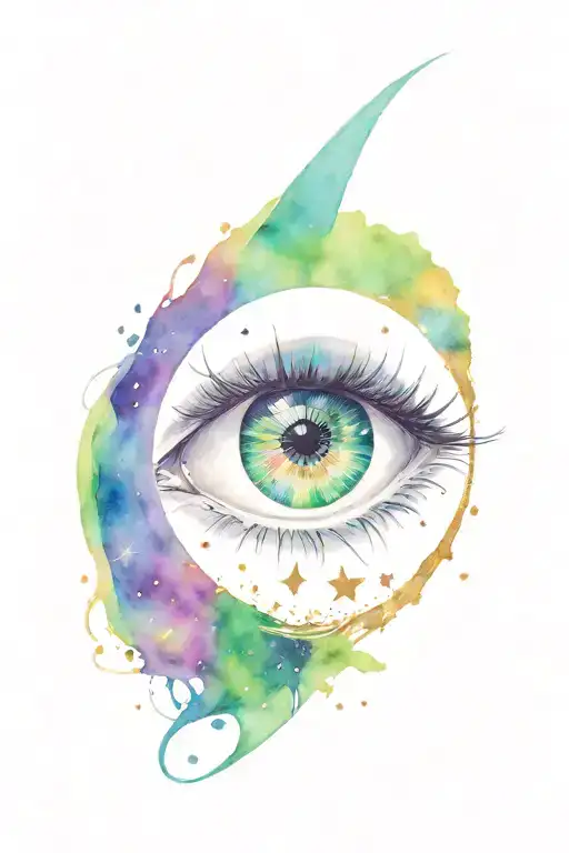 blue/green eye with a moon, stars all inside a a heart tattoo design idea