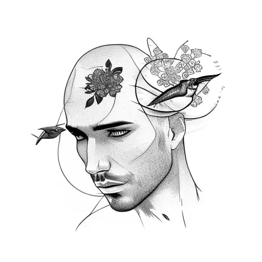 A male face sketch with delicate flowers and a hummingbird kissing the cheek tattoo design idea