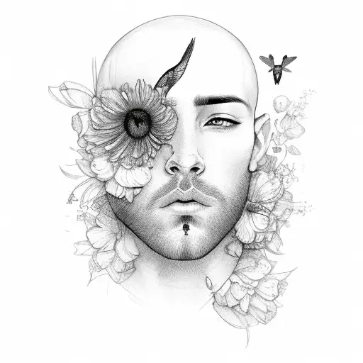 A male face sketch with delicate flowers and a hummingbird kissing the cheek tattoo design idea