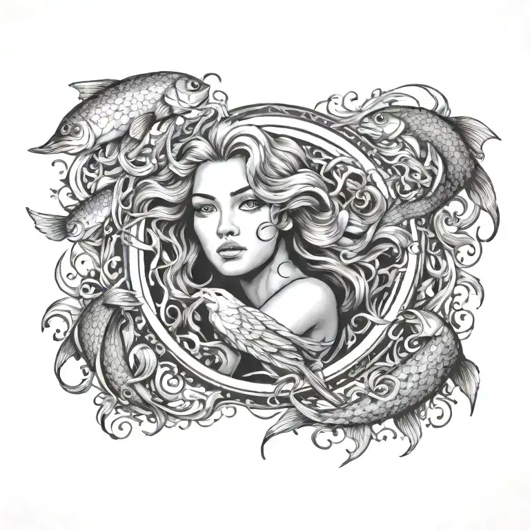 virgo women pisces fish surrounded tattoo design idea