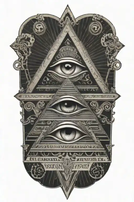An intricate dotwork design of the All-Seeing Eye within a pyramid, with Egyptian hieroglyphs wrapping around it tattoo design idea