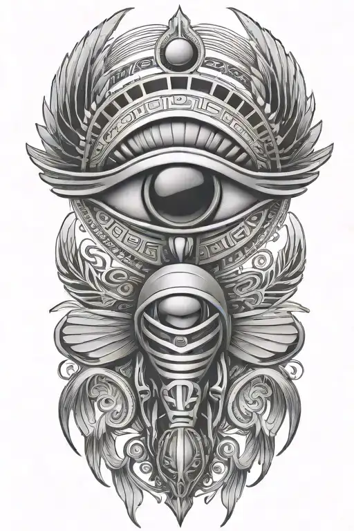 An abstract interpretation of the eye of Horus combined with a scarab beetle, symbolizing protection and rebirth tattoo design idea