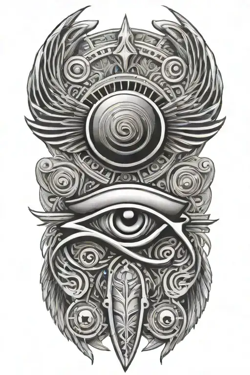 An abstract interpretation of the eye of Horus combined with a scarab beetle, symbolizing protection and rebirth tattoo design idea