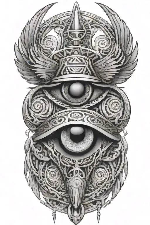 An abstract interpretation of the eye of Horus combined with a scarab beetle, symbolizing protection and rebirth tattoo design idea