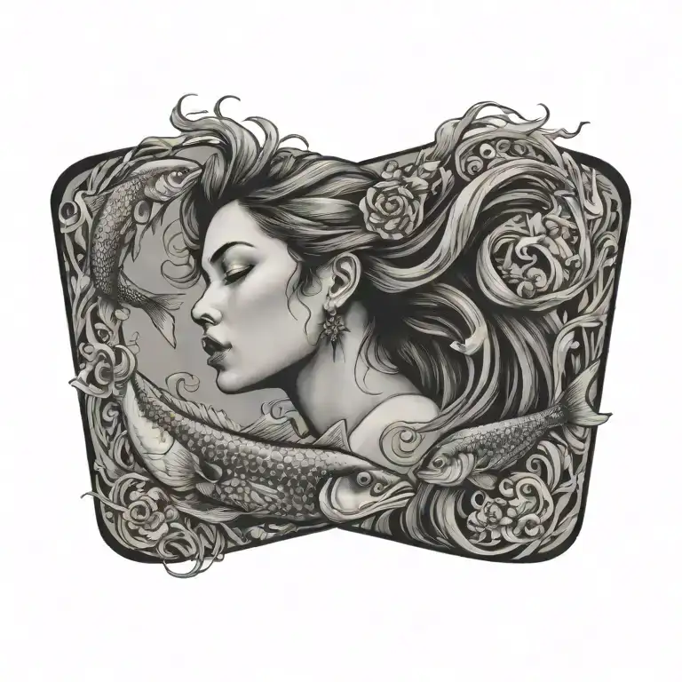 pisces fish swimming around virgo women face tattoo design idea