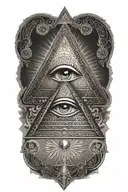 An intricate dotwork design of the All-Seeing Eye within a pyramid, with Egyptian hieroglyphs wrapping around it tattoo design idea