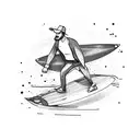 guy surfing with a suitcase tattoo design idea