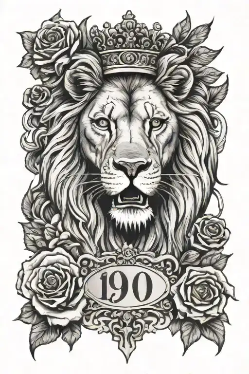 lion roaring with crown saying 1999 in roman numerals surrounded by roses tattoo design idea