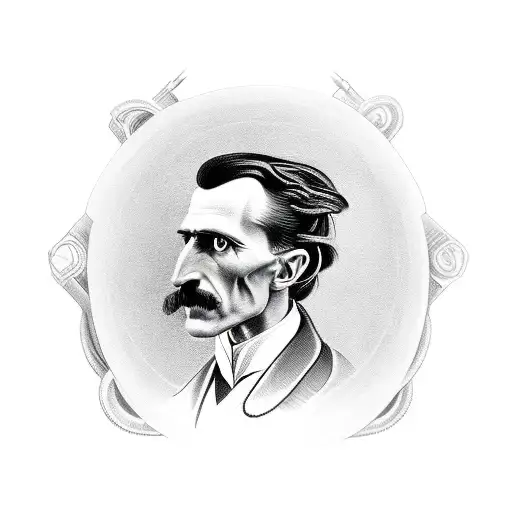 A realistic portrait of Nikola Tesla driving a Tesla car tattoo design idea