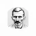 A realistic portrait of Nikola Tesla driving a Tesla car tattoo design idea