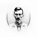 A realistic portrait of Nikola Tesla driving a Tesla car tattoo design idea