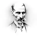 A realistic portrait of Nikola Tesla driving a Tesla car tattoo design idea