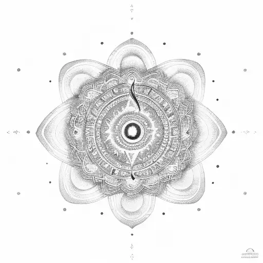 A cosmic mandala with musical notes and symbols radiating from the center tattoo design idea