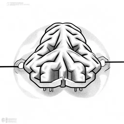 a cartoon style brain that is also a jail cell with bars and a stick figure man inside grasping the bars tattoo design idea