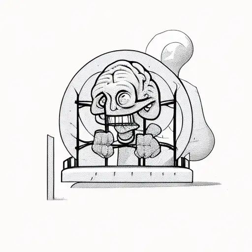 a cartoon style brain that is also a jail cell with bars and a stick figure man inside grasping the bars tattoo design idea
