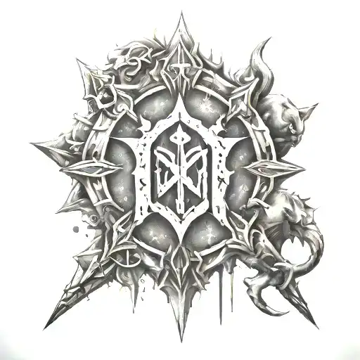 Create a tattoo design that combines the World of Warcraft Horde logo with iconic game symbols tattoo design idea