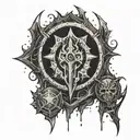 Create a tattoo design that combines the World of Warcraft Horde logo with iconic game symbols tattoo design idea