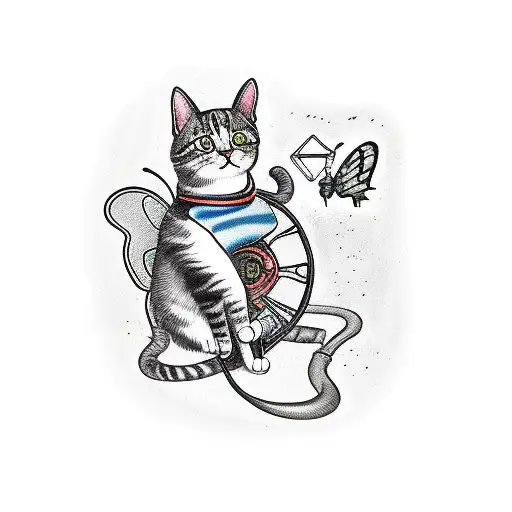 A cat chasing a mechanical butterfly in a historical setting tattoo design idea