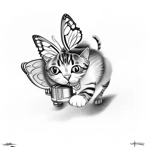 A cat chasing a mechanical butterfly in a historical setting tattoo design idea