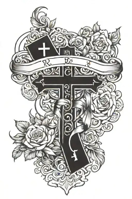 catholic cross with Roman numeral 3 and ribbon saying rodzina tattoo design idea