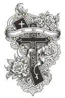 catholic cross with Roman numeral 3 and ribbon saying rodzina tattoo design idea