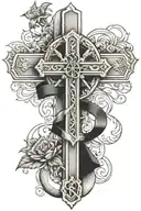 catholic cross with Roman numeral 3 and ribbon saying rodzina tattoo design idea