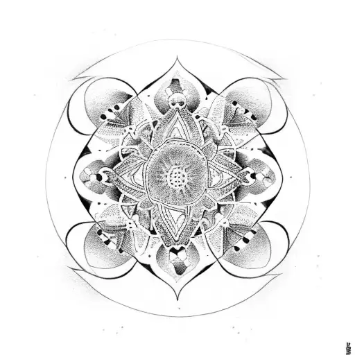 A dotwork tattoo of a number 9 formed by a series of interconnected mandalas tattoo design idea