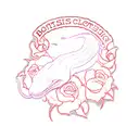 realistic boa constrictor face that is all black, tongue forked out, surrounded by red roses, american traditional  tattoo design idea
