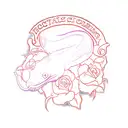 realistic boa constrictor face that is all black, tongue forked out, surrounded by red roses, american traditional  tattoo design idea