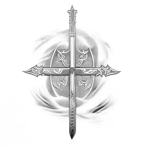 sword cross down back spine with letters that says MORALES tattoo design idea