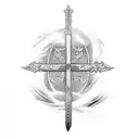 sword cross down back spine with letters that says MORALES tattoo design idea