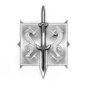 sword cross down back spine with letters that says MORALES tattoo design idea