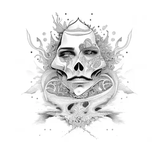 a figure surrounded by chaos with the quote "this too shall pass" tattoo design idea