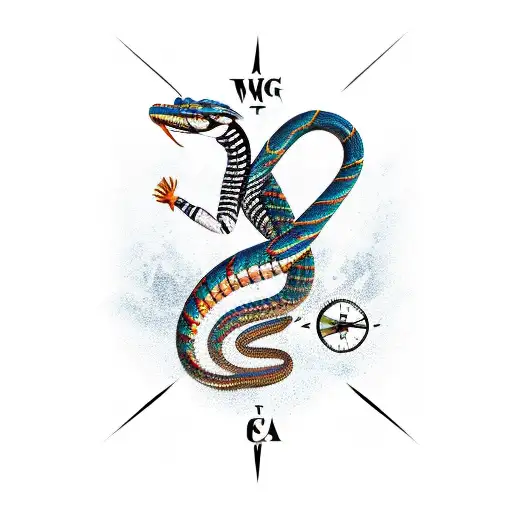broken compass with king cobra on a trail in the mountains tattoo design idea