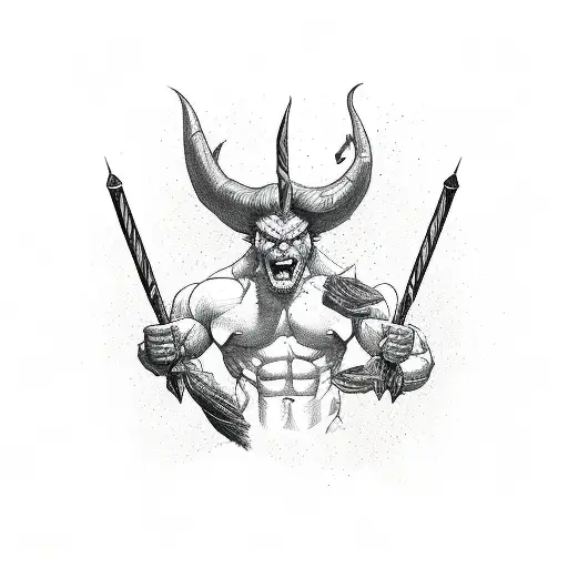 muscular devil holding two drumsticks in front of him with two hands, the top of the left stick is broken, the devil smi tattoo design idea