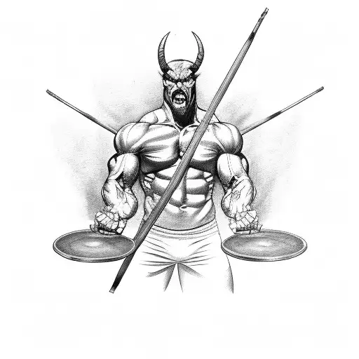 muscular devil holding two drumsticks in front of him with two hands, the top of the left stick is broken, the devil smi tattoo design idea
