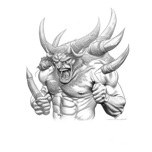 muscular devil holding two drumsticks in front of him with two hands, the top of the left stick is broken, the devil smi tattoo design idea