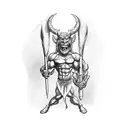 muscular devil holding two drumsticks in front of him with two hands, the top of the left stick is broken, the devil smi tattoo design idea